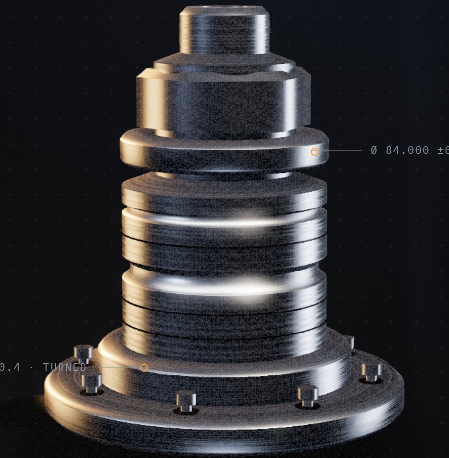 Precision-machined flanged hub, rendered under shop lighting